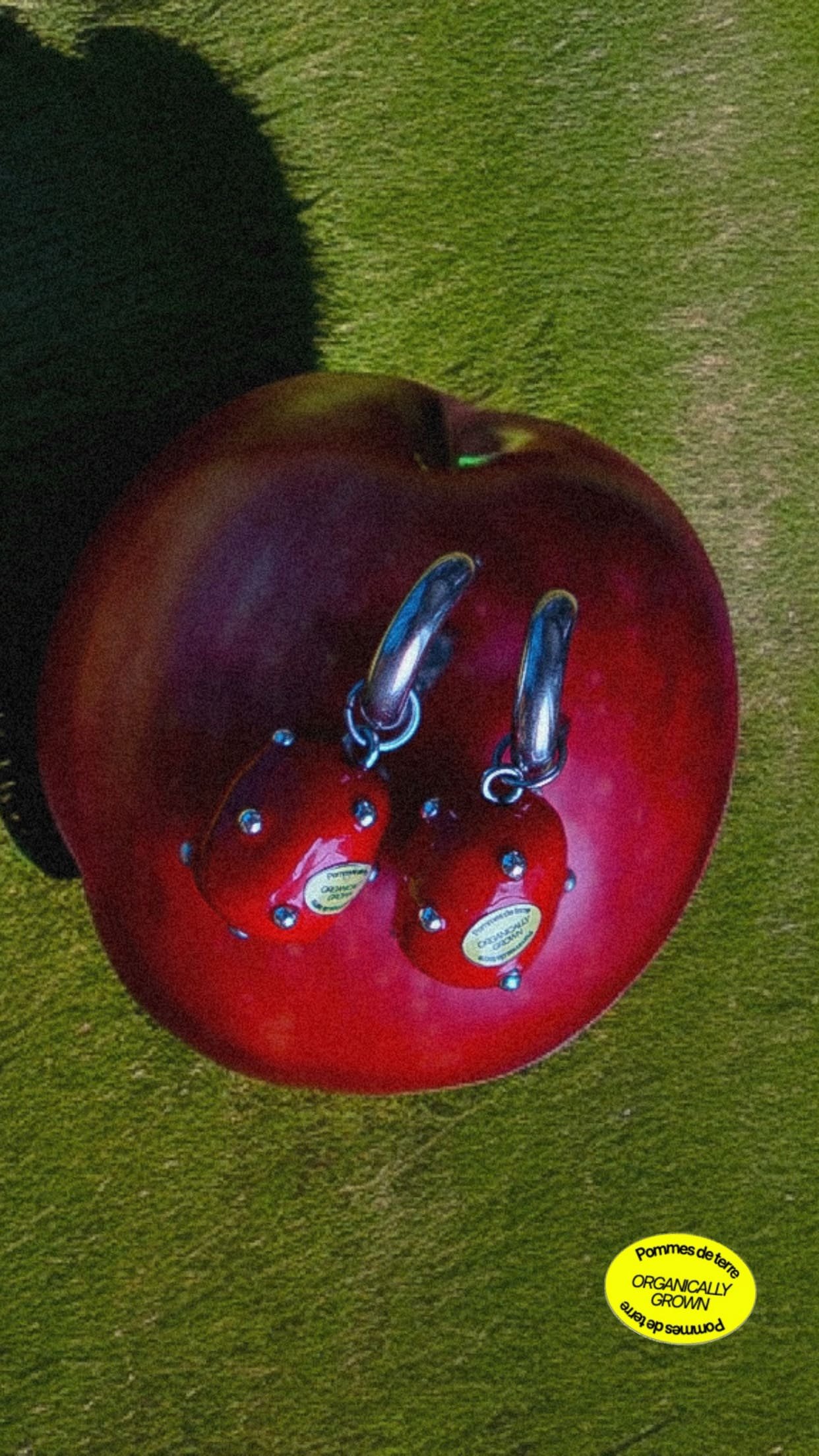 Muestra par de aros sobre manzanas rojas